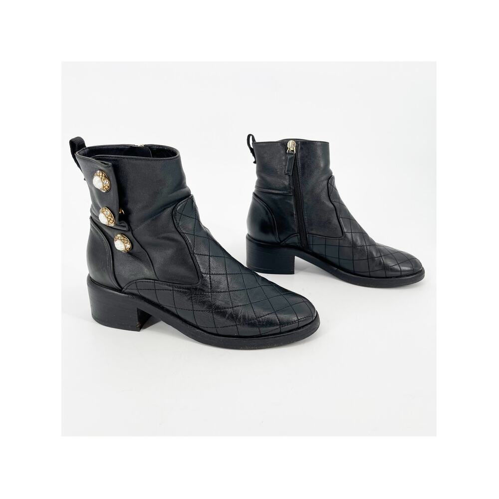 Chanel 2017 Karl Lagerfeld Quilted Black Leather Pearl Button Ankle Boots EU 37